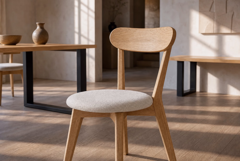 Close detail of the oak chair back rail joining the upholstered seat.
