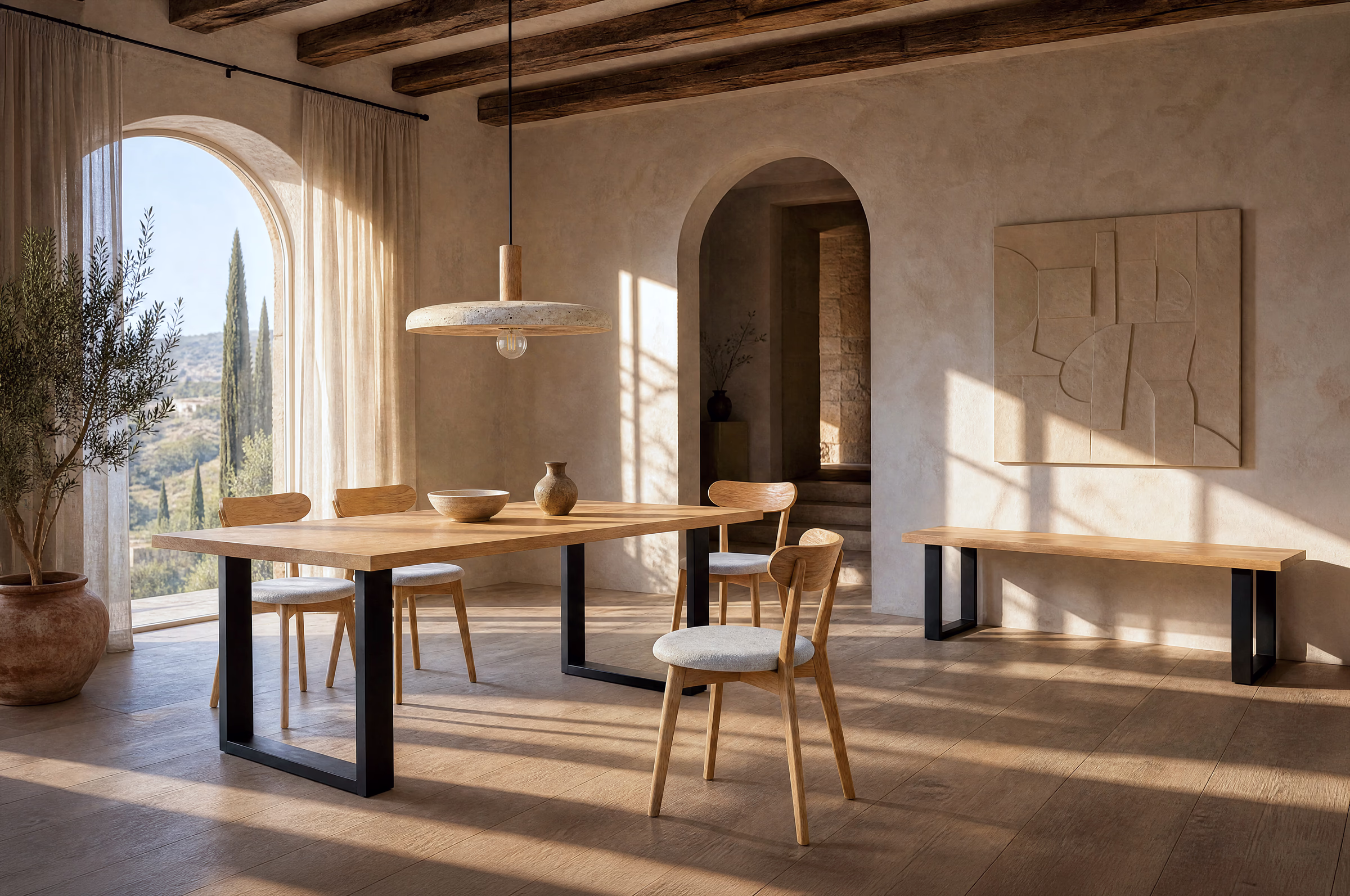 The four pieces styled together in a sunlit dining room.