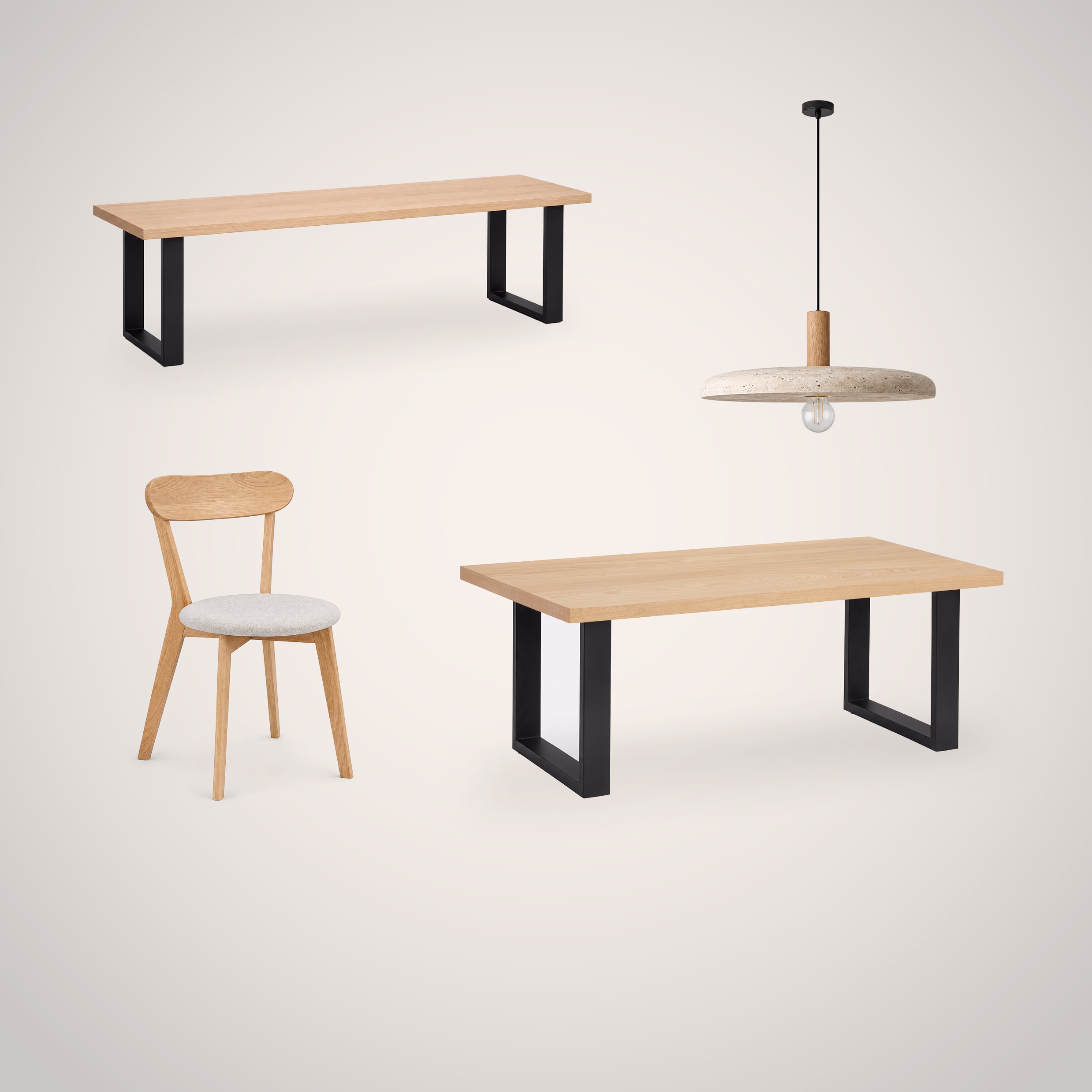 Oak dining chair, table, bench and travertine pendant as separate cutouts on a plain background.