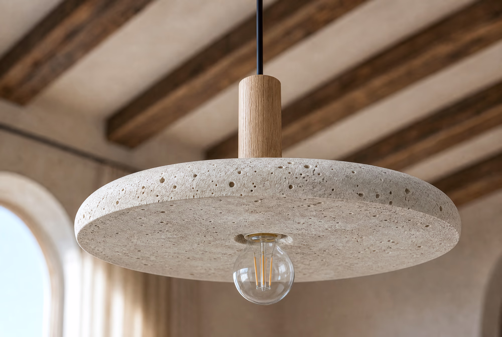 The travertine pendant seen from below against the ceiling.