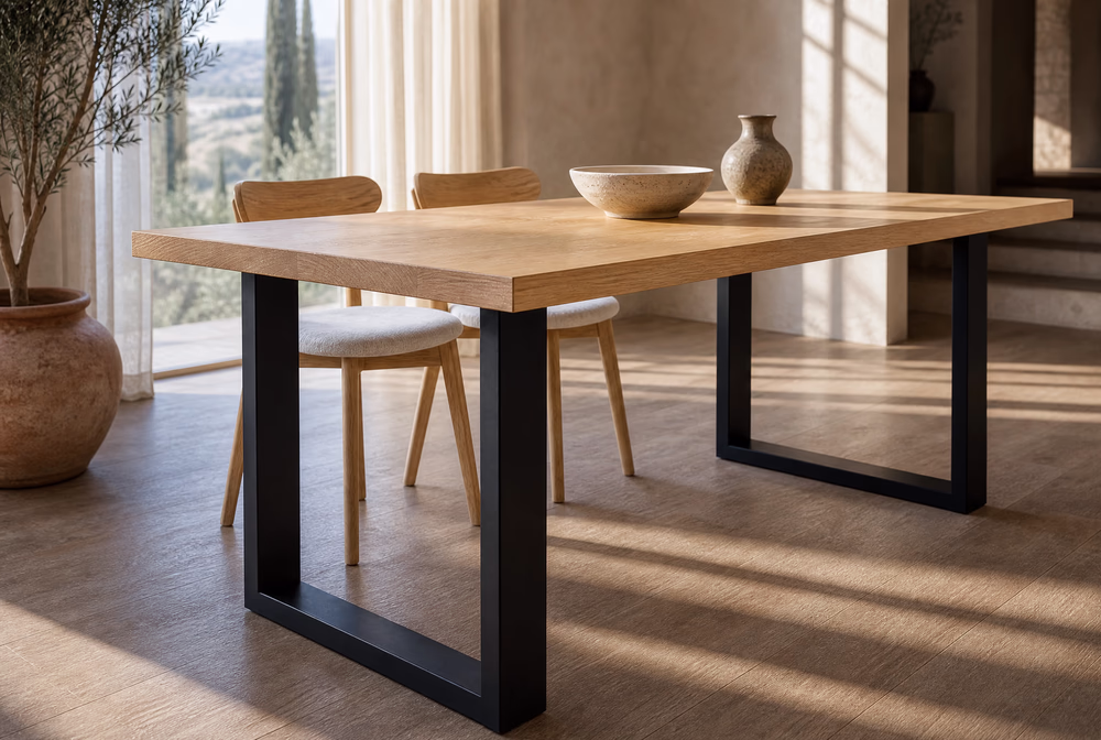 Close detail of the oak tabletop meeting the black steel leg.