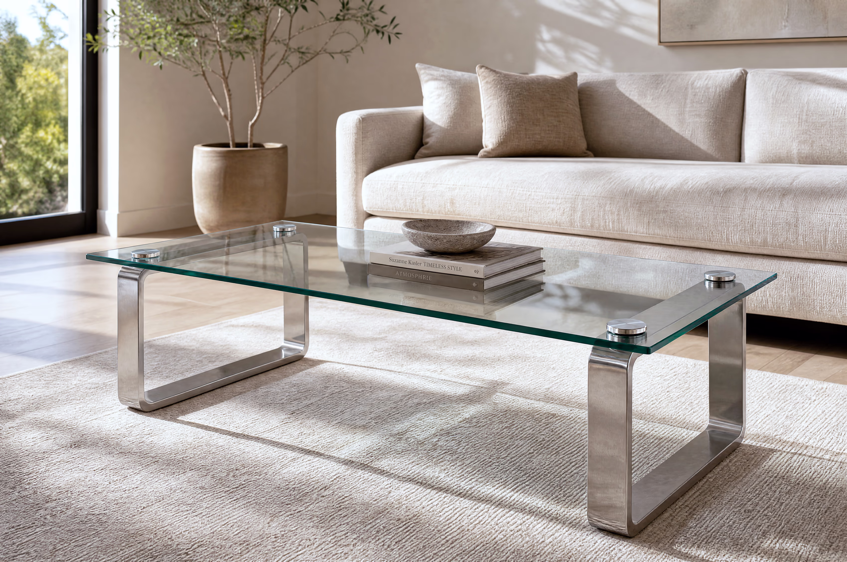 The same table in a sunlit living room, the floor visible through the glass.