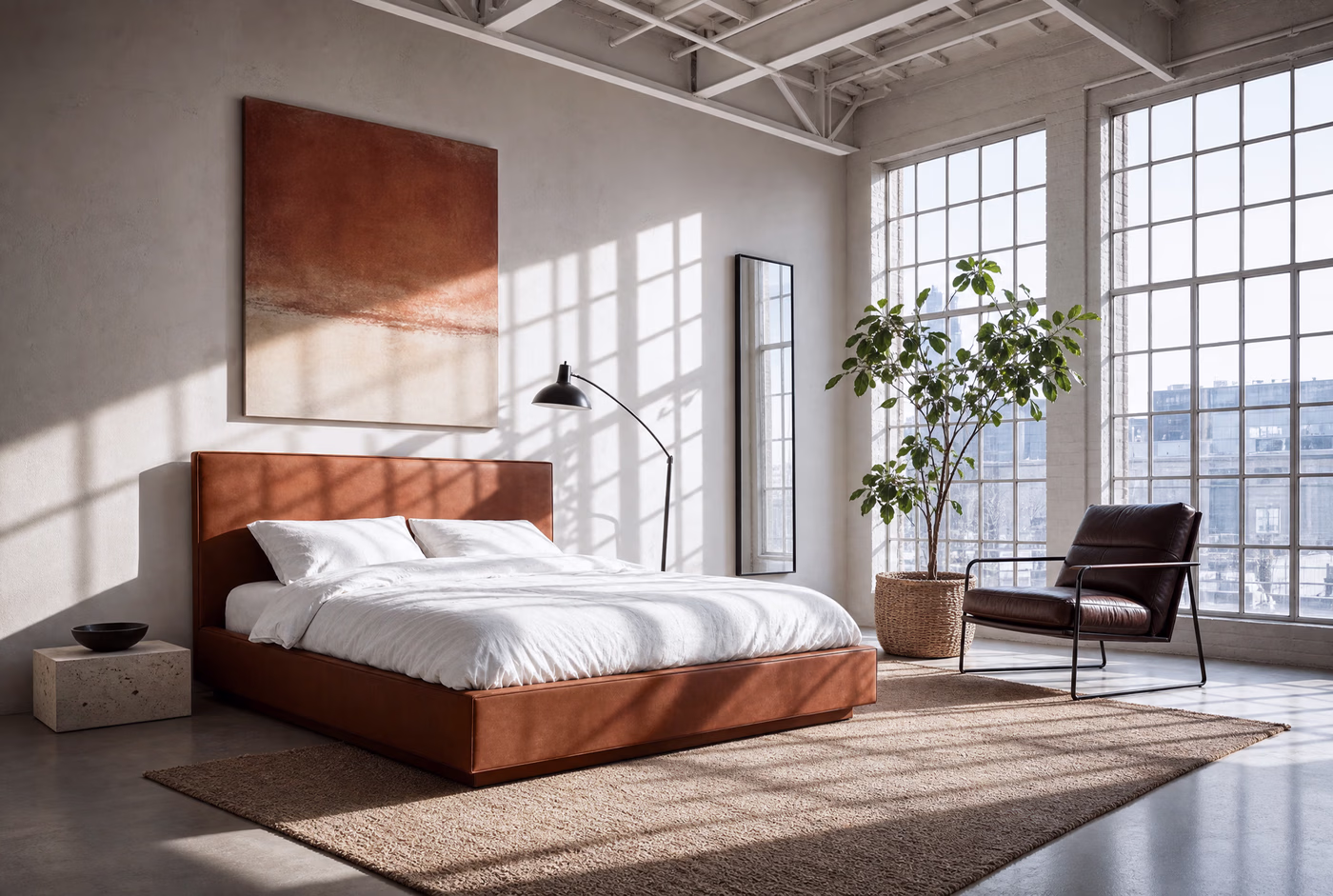 The bed in a bright white loft with tall factory windows and raking daylight.