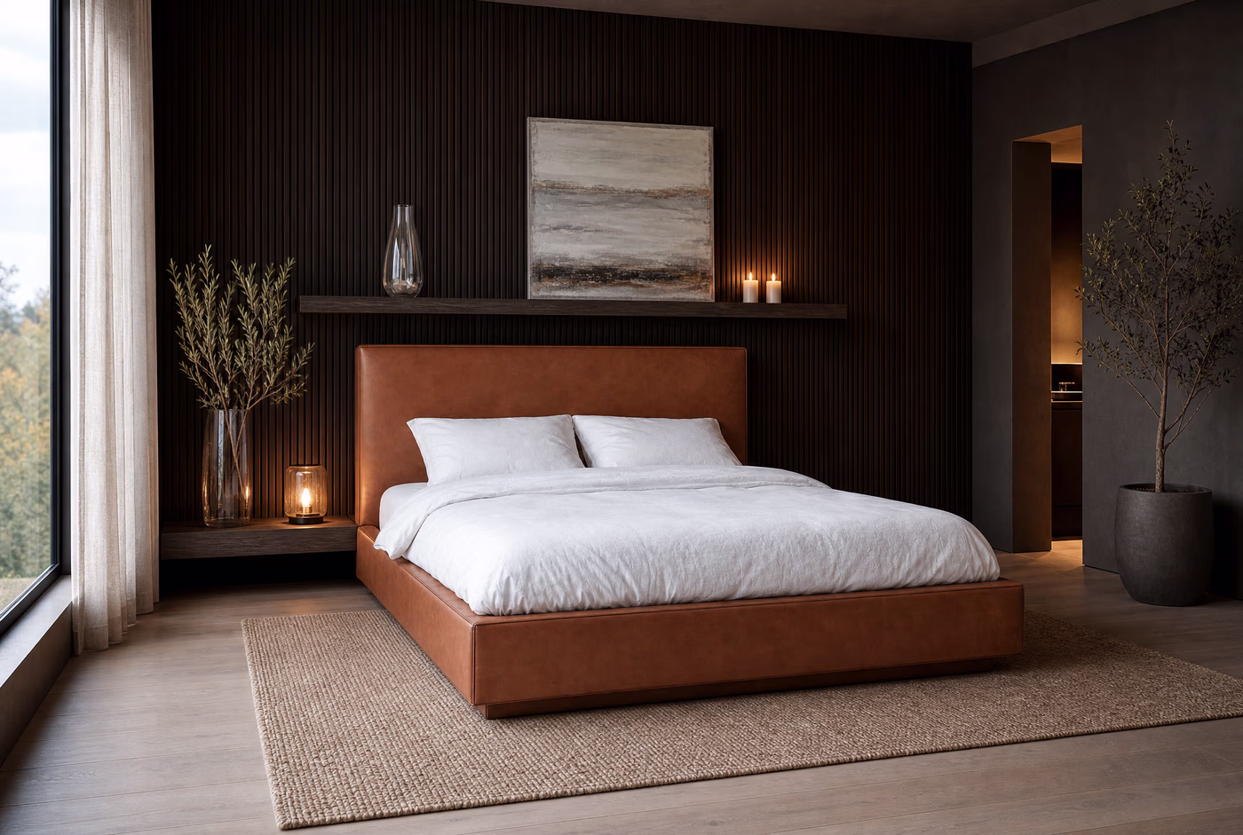 The bed against a dark slatted wall in a quiet contemporary bedroom.