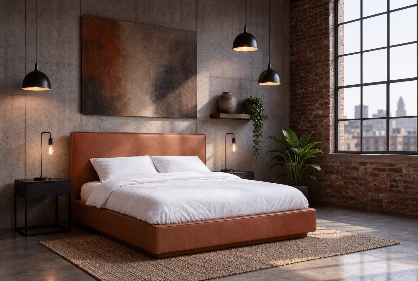 The bed in a warm industrial loft with concrete and exposed brick.