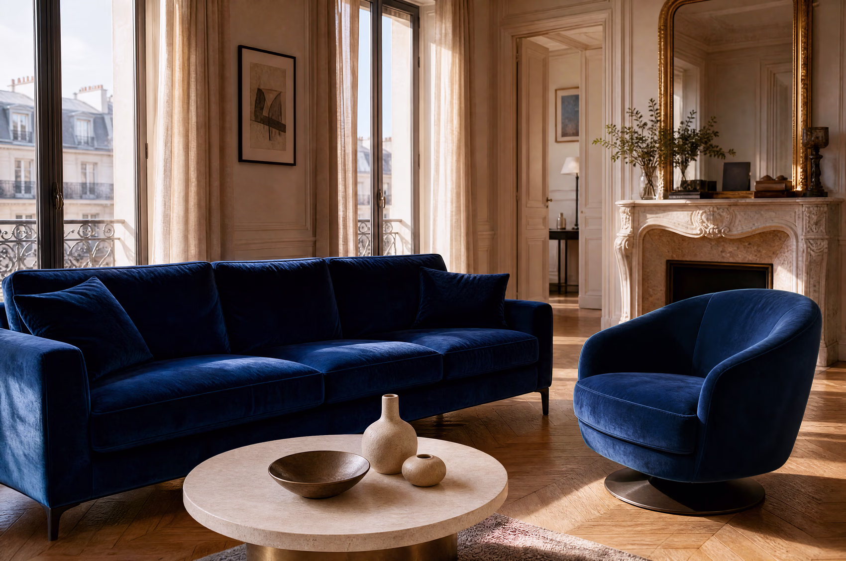 The identical room with the armchair now in the same navy velvet as the sofa.