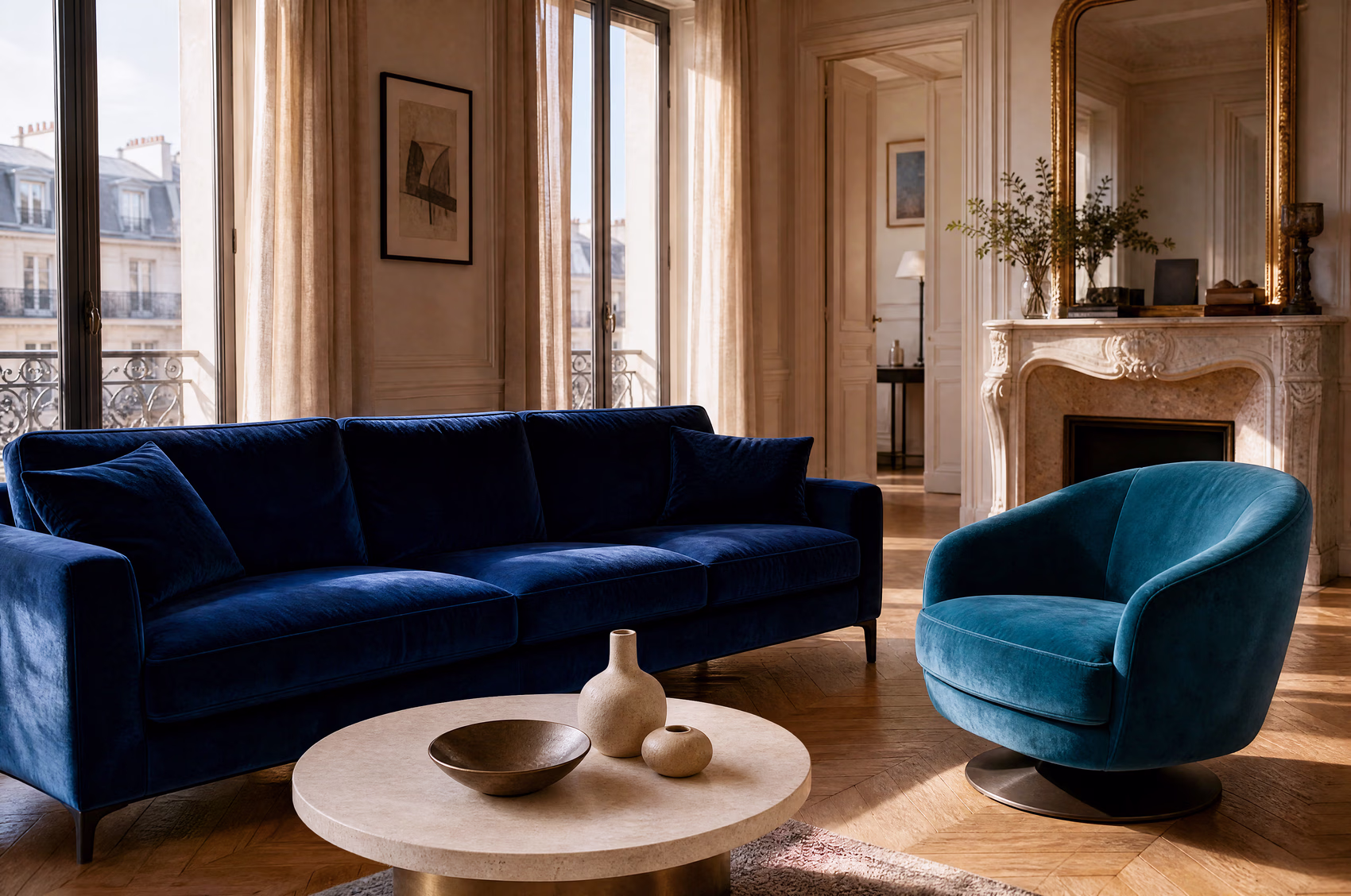Navy velvet sofa and a teal velvet swivel armchair in the same room — visibly not a set.