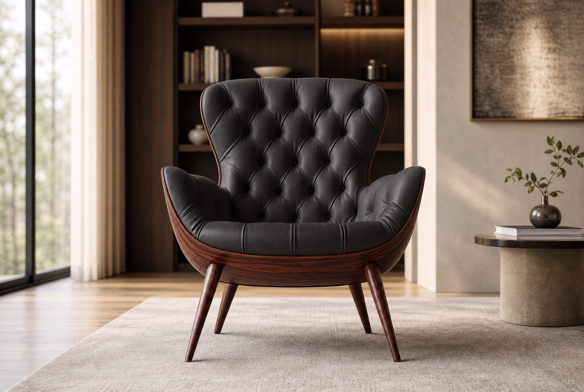 The same chair in black full-grain leather on a rosewood frame.