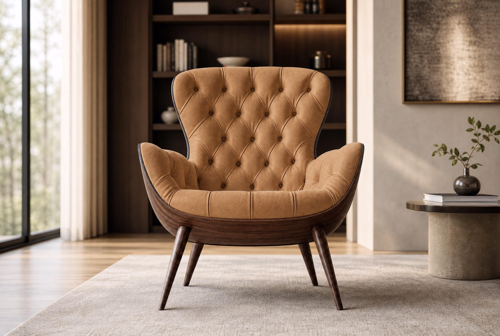 The same chair in camel suede on an American black walnut frame.