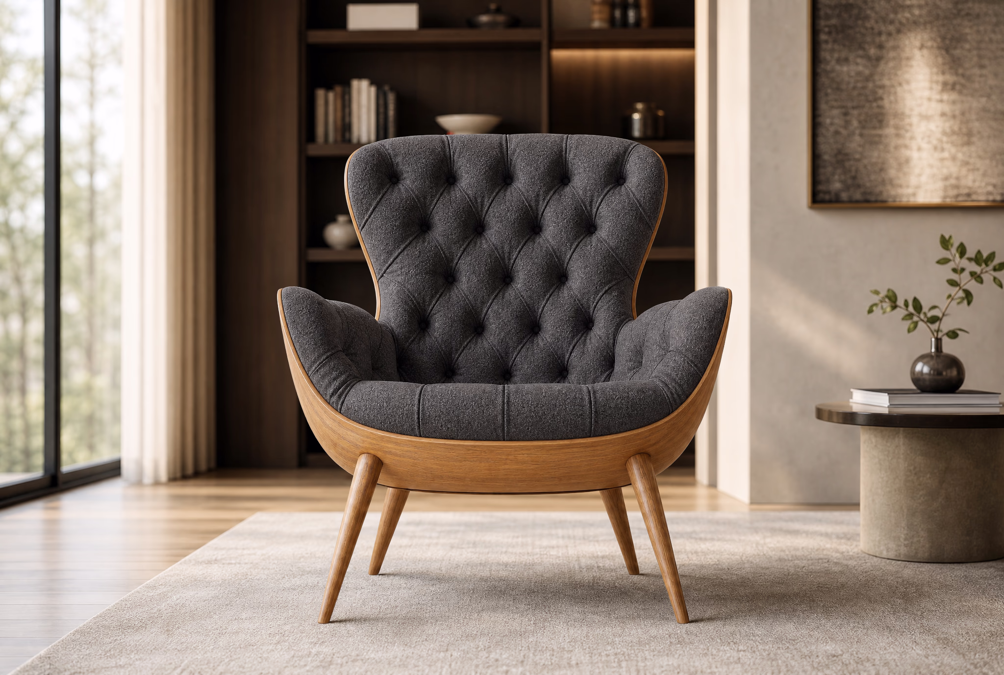Tufted lounge chair in charcoal bouclé on a teak frame.