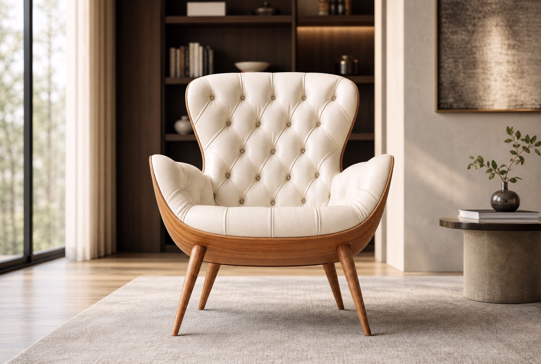 The same chair in cream leather on a teak frame.