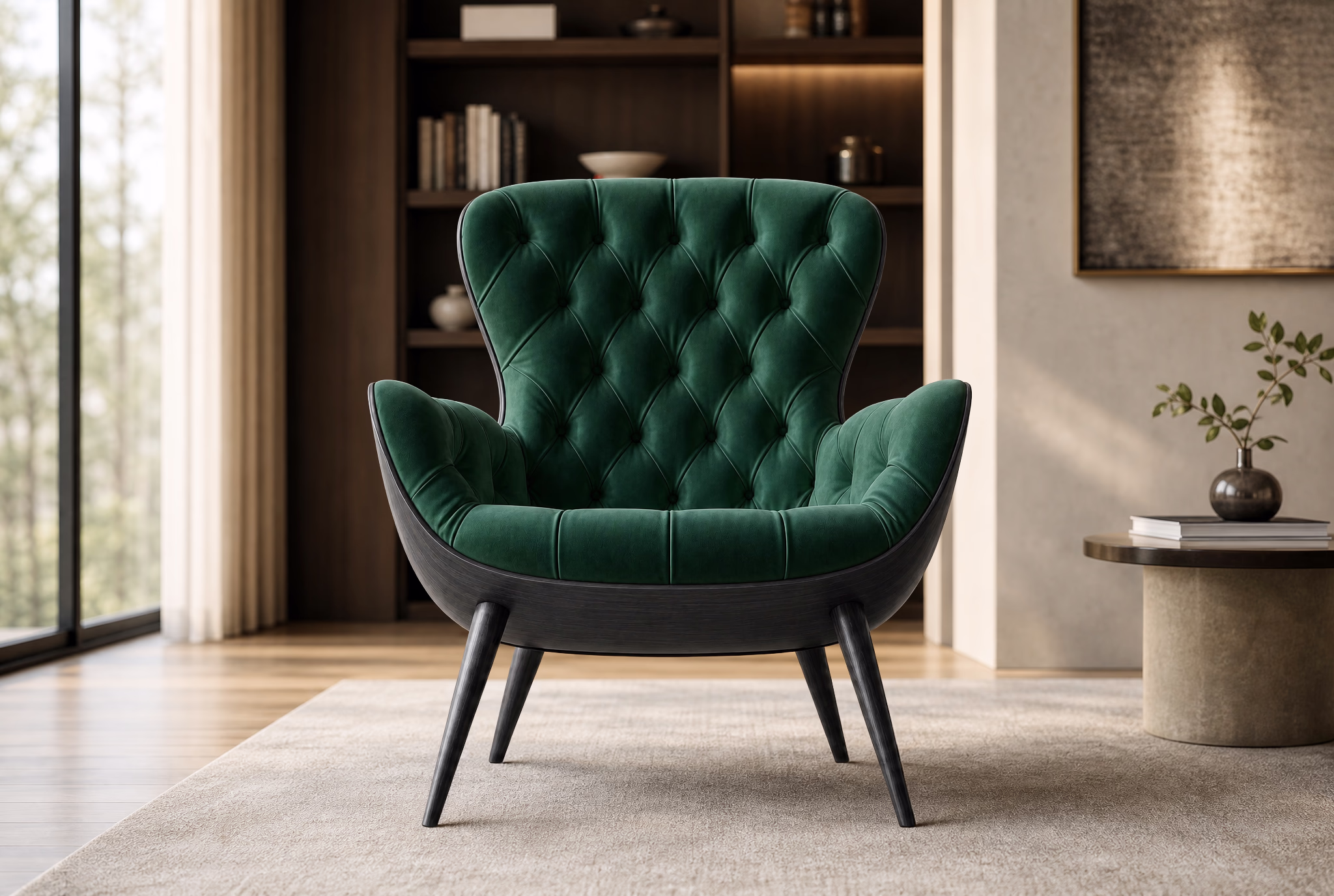 The same chair in emerald green velvet on an ebonised ash frame.